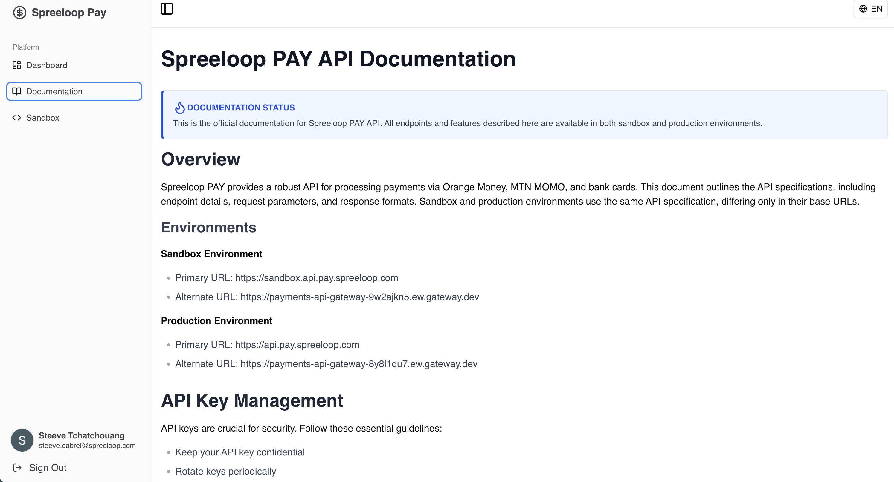 API documentation — Orange Money, MTN MoMo, and bank cards