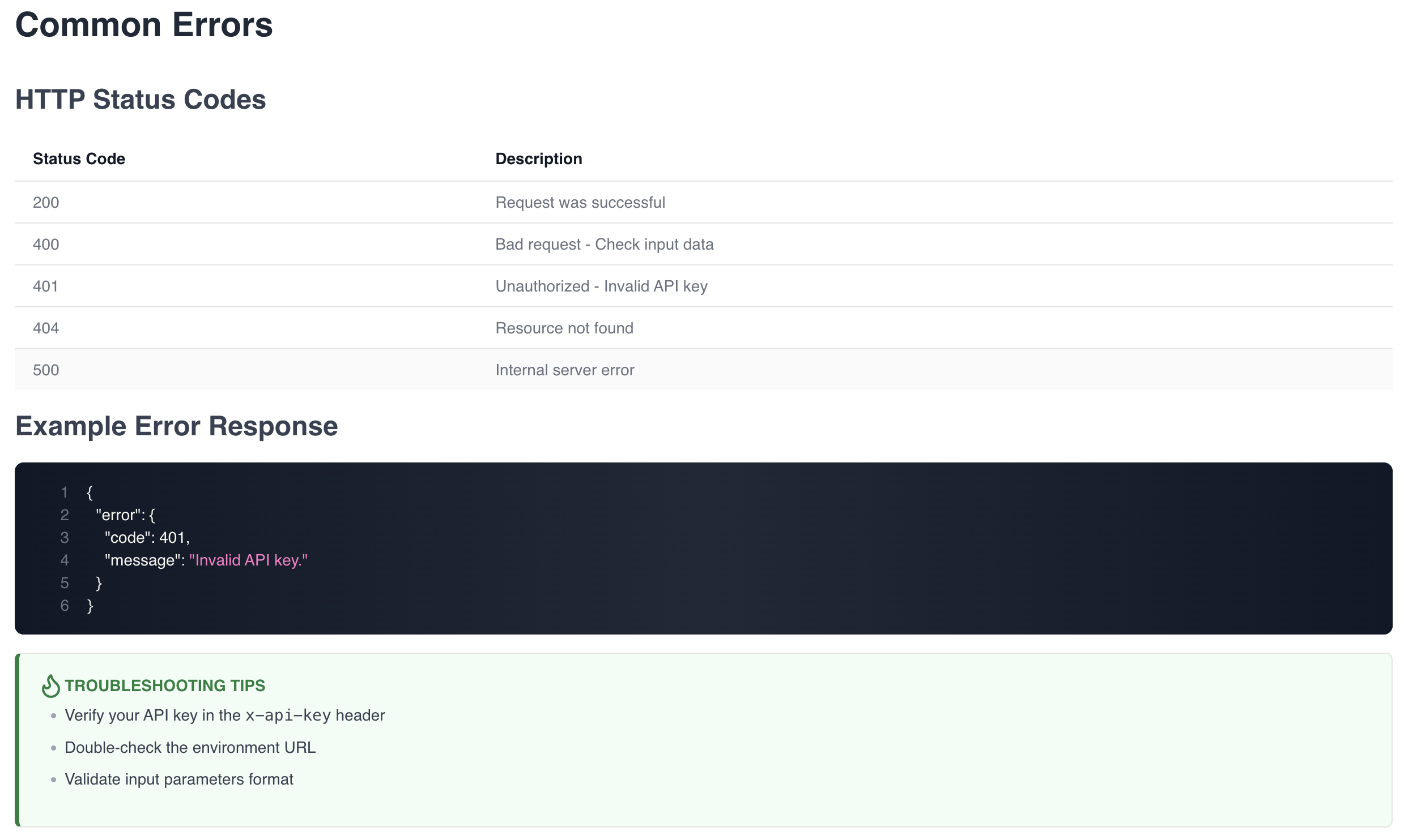 Structured error responses and troubleshooting guides