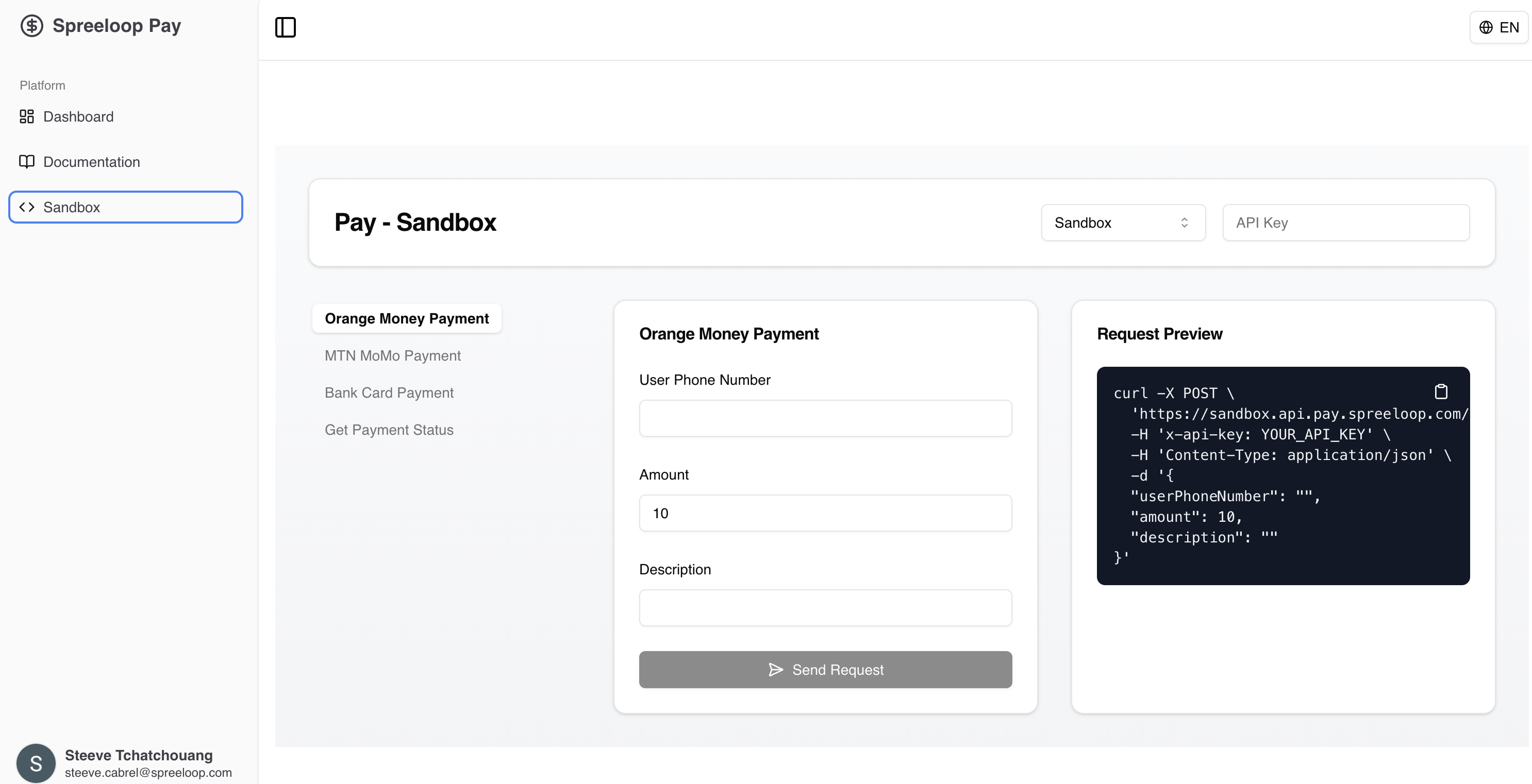 Sandbox — test payments with live curl request preview